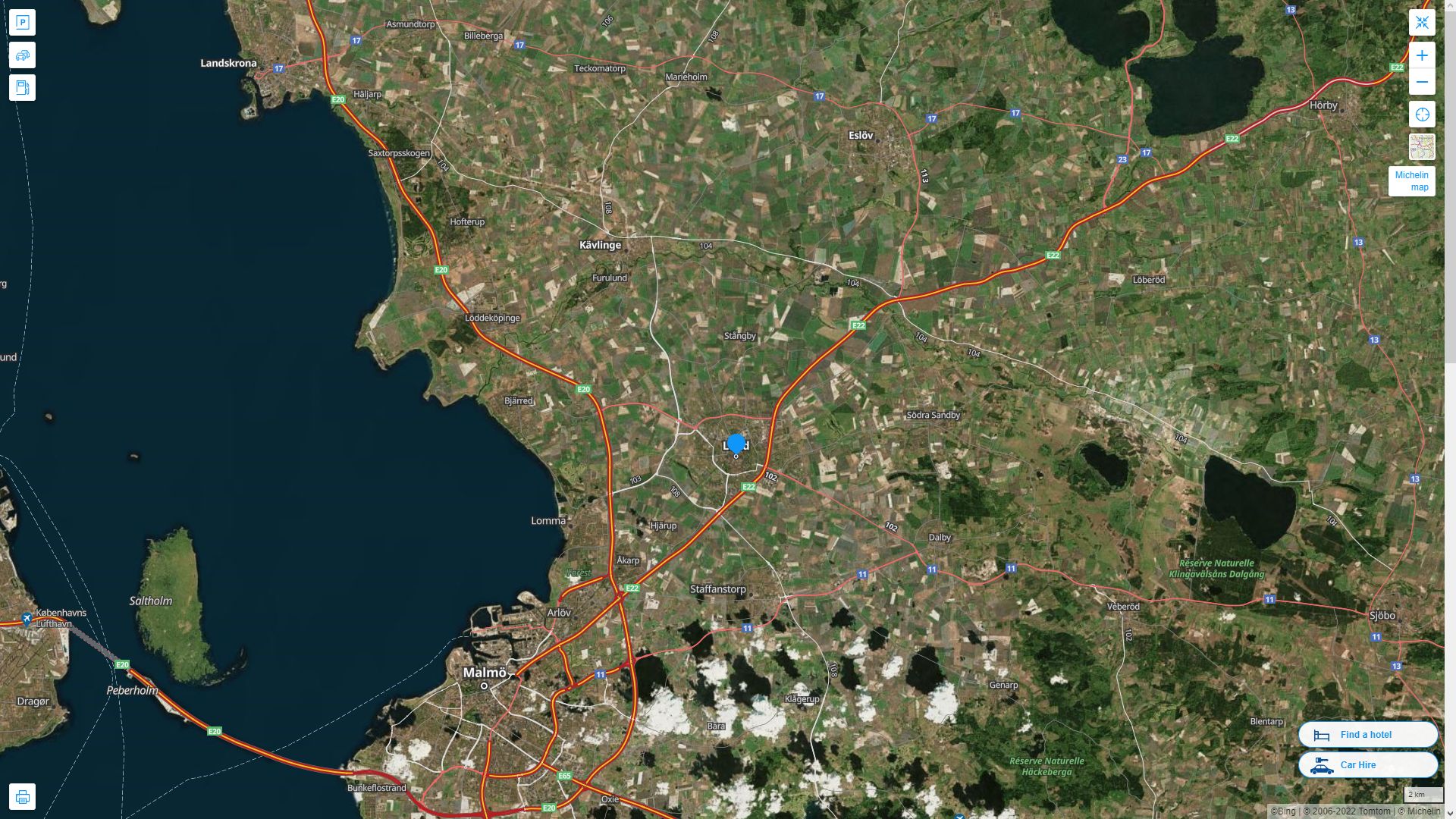 Lund Suede Autoroute et carte routiere avec vue satellite
